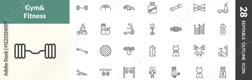 outline fitness and gym icons set. editable linear lifting barbell, trampoline, simulator for press, and other 25 icons in this category isolated on transparent background.