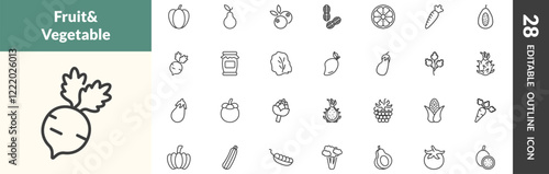outline vegetables and fruits icons set. editable linear pepper, pear, blueberries, and other 25 icons in this category isolated on transparent background.