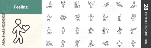 outline feeling and reaction icons set. editable linear guilty human, funny human, sleepy human, and other 25 icons in this category isolated on transparent background.