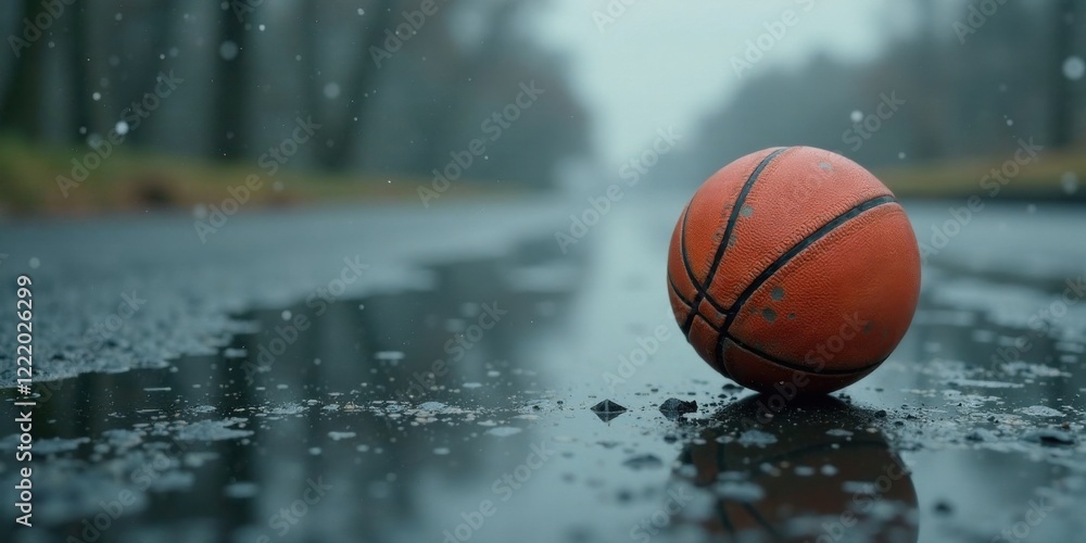 A weathered basketball sits forlornly in a rain-slicked puddle, reflecting the somber autumnal sky and the distant, blurred trees. A weathered basketball sits forlornly in a rain-slicked puddle, reflecting the somber autumnal sky and the distant, blurred trees.