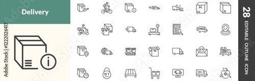 outline delivery and logistics icons set. editable linear delivery by plane, delivery by bike, info, and other 25 icons in this category isolated on transparent background.