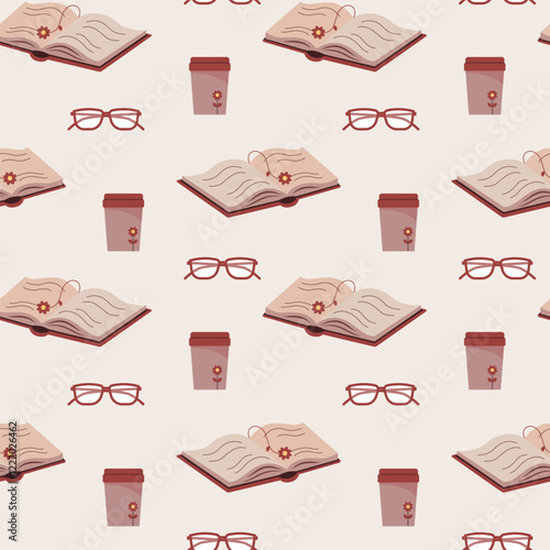 Vector seamless pattern with open books, coffee cups and glasses. Aesthetics reading wallpaper. Repeat texture in a flat style for textile or wrapping paper.