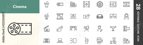 outline cinema and theater icons set. editable linear papper cup with straw, big film roll, 1080p full hd, and other 25 icons in this category isolated on transparent background.