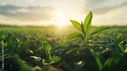 Close-Up of Young Plant in Sunrise-Lit Field. A close-up view of a vibrant young plant in a lush green field under the golden light of sunrise. photo