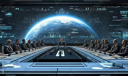 Global crisis meeting; futuristic boardroom.