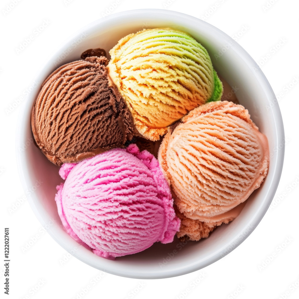 A white bowl contains four scoops of assorted ice cream flavors: chocolate, strawberry, vanilla and orange. A white bowl contains four scoops of assorted ice cream flavors: chocolate, strawberry, vanilla and orange.
