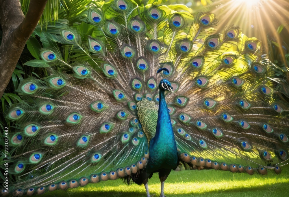 Obraz premium Majestic Peacock Displaying Vibrant Tail Feathers in Sunlight, Green Nature Background