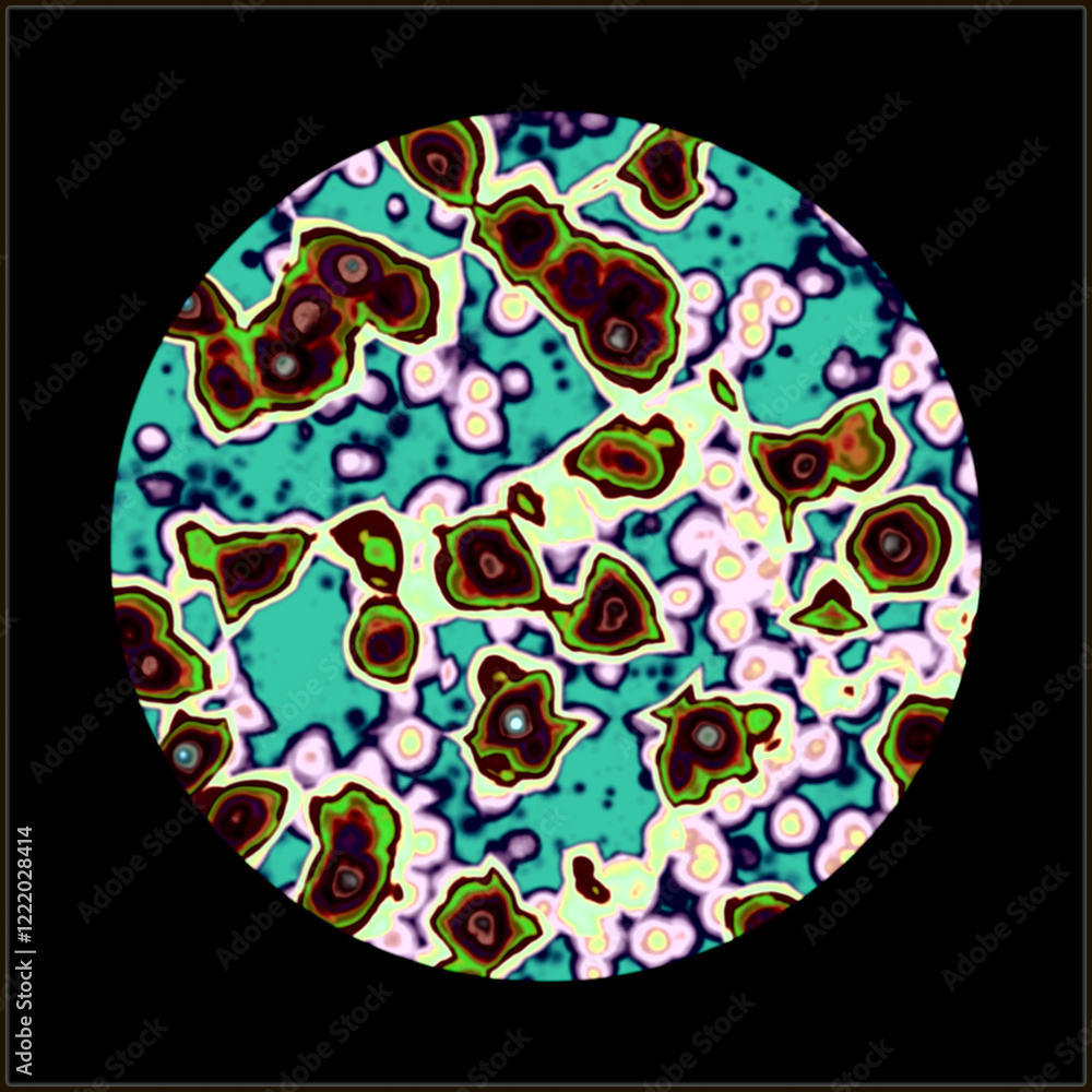 Naklejka premium Microscopic view of floating influenza virus cells, bacteria and cells and viruses under laboratory microscope