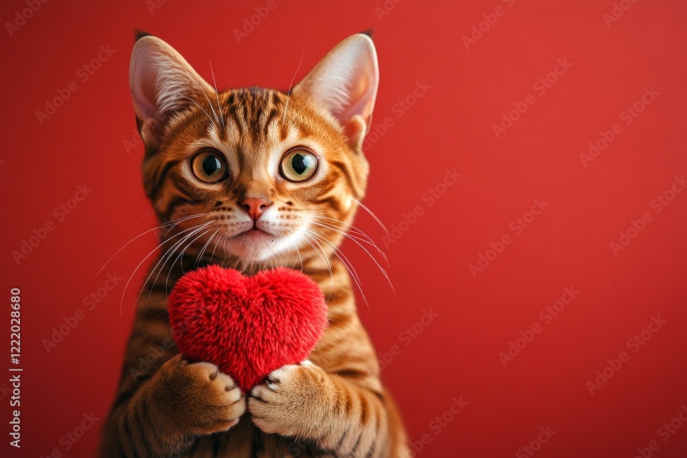 Obraz premium Digital ads artwork. Bengal - my beloved cat. Cute bengal kitty with fluffy red heart - emblem of love, funny greeting card. Cute red animal valentine. Fluffy animal valentine's day. Cute pet.