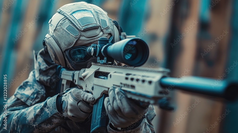 Camouflaged Sniper Focused on Target Camouflaged Sniper Focused on Target