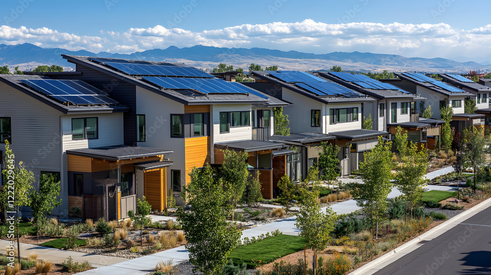 A modern community of homes with solar panels, committed to sustainability and offering an environmentally-friendly, energy-efficient lifestyle. A modern community of homes with solar panels, committed to sustainability and offering an environmentally-friendly, energy-efficient lifestyle.
