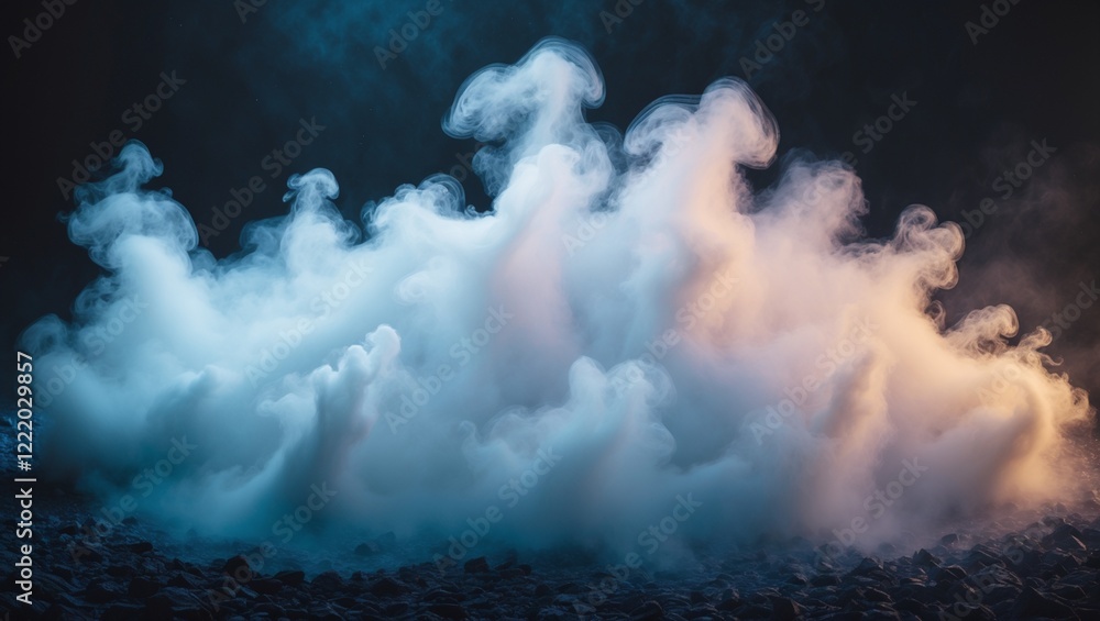 Fototapeta premium Ethereal Fog Effect with Soft Blue and Orange Glow on a Dark Rocky Background