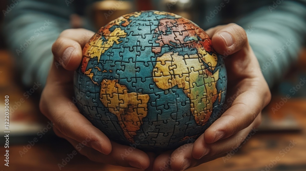 Hands holding puzzle globe, global issues, wooden background, environmental concept Hands holding puzzle globe, global issues, wooden background, environmental concept