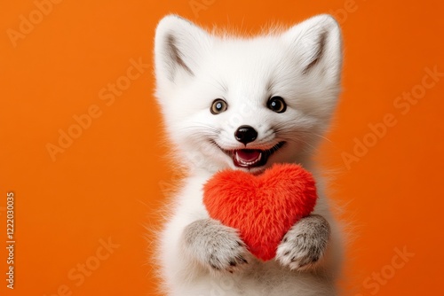 Ad campaign concept art. Arctic fox - my beloved animal. Cute arctic fox baby with fluffy red heart - emblem of love, funny greeting card. Advertising conceptual art. Animals in love poses. photo