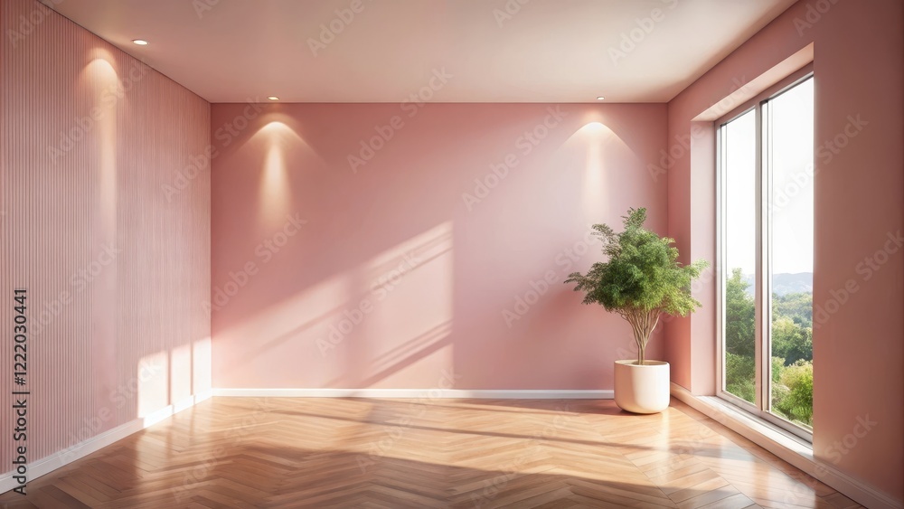 Fototapeta premium Sunlit Empty Room with Pink Walls and Wood Floor