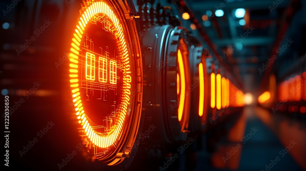 Obraz premium Futuristic Industrial Setting with Glowing Digital Elements and Circuits