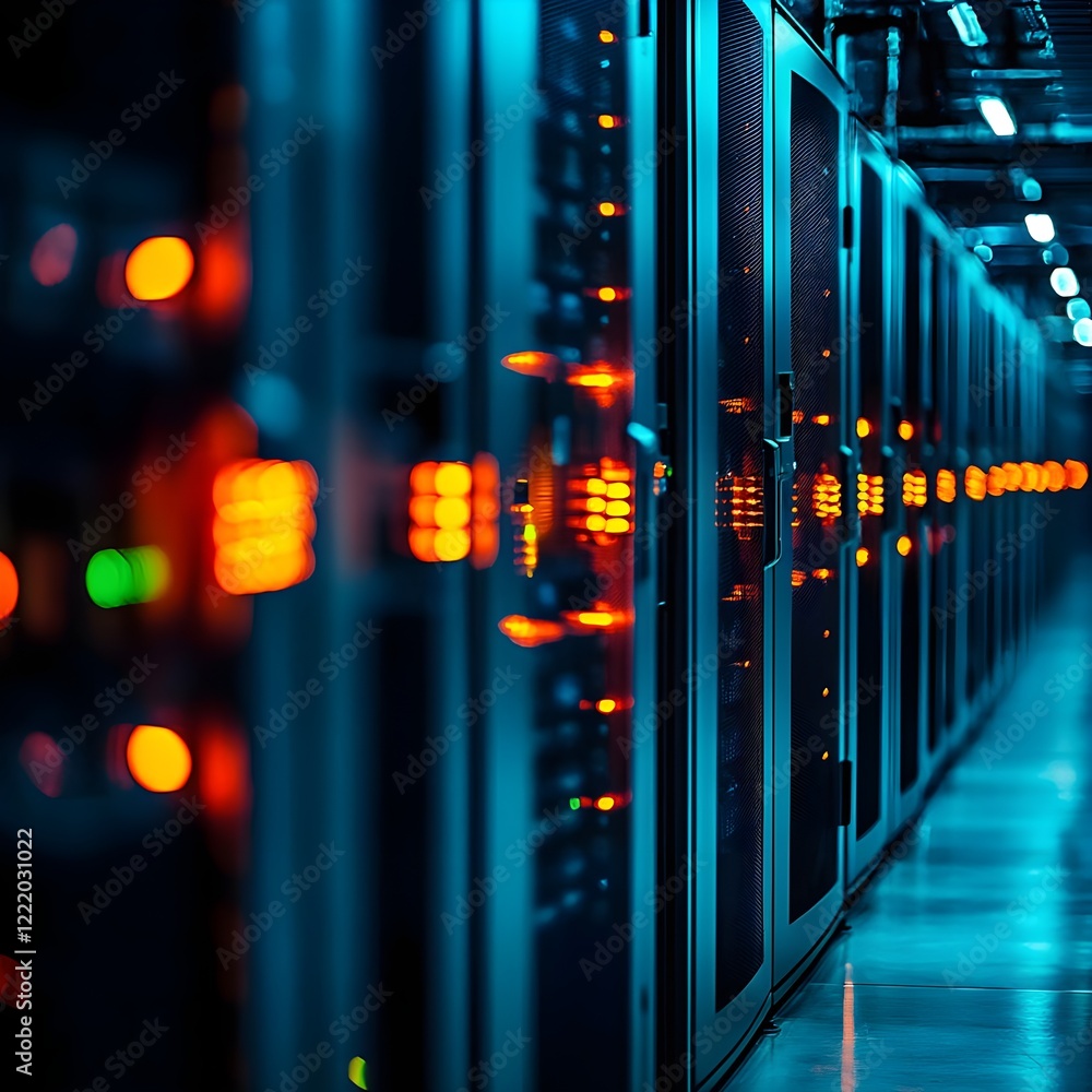 Fototapeta premium Modern Data Center with Server Racks and Illuminated Lights