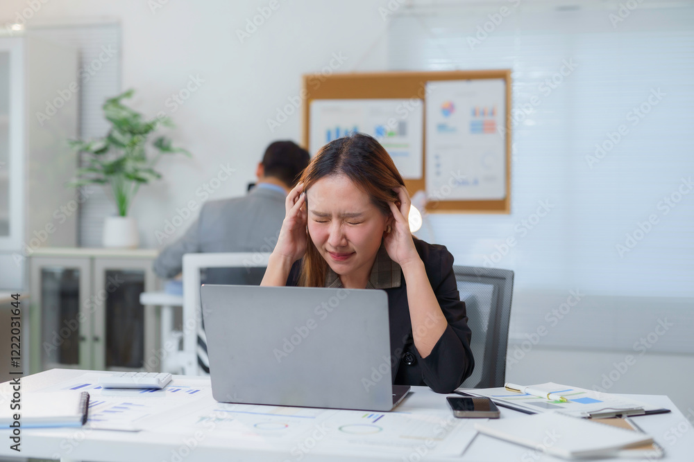 Stressed Businesswoman Working on Laptop in Office Stressed Businesswoman Working on Laptop in Office