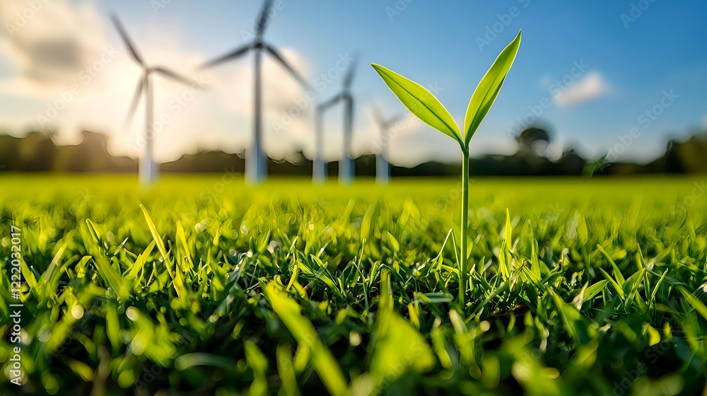 Obraz premium Green Seedling Growing in Field with Wind Turbines in Background
