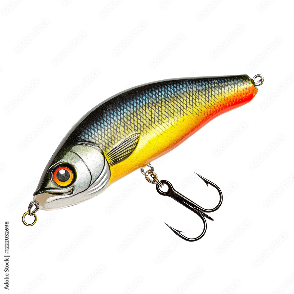 A close-up view of a vibrant yellow and black fishing lure with realistic fish detailing and sharp treble hooks. A close-up view of a vibrant yellow and black fishing lure with realistic fish detailing and sharp treble hooks.