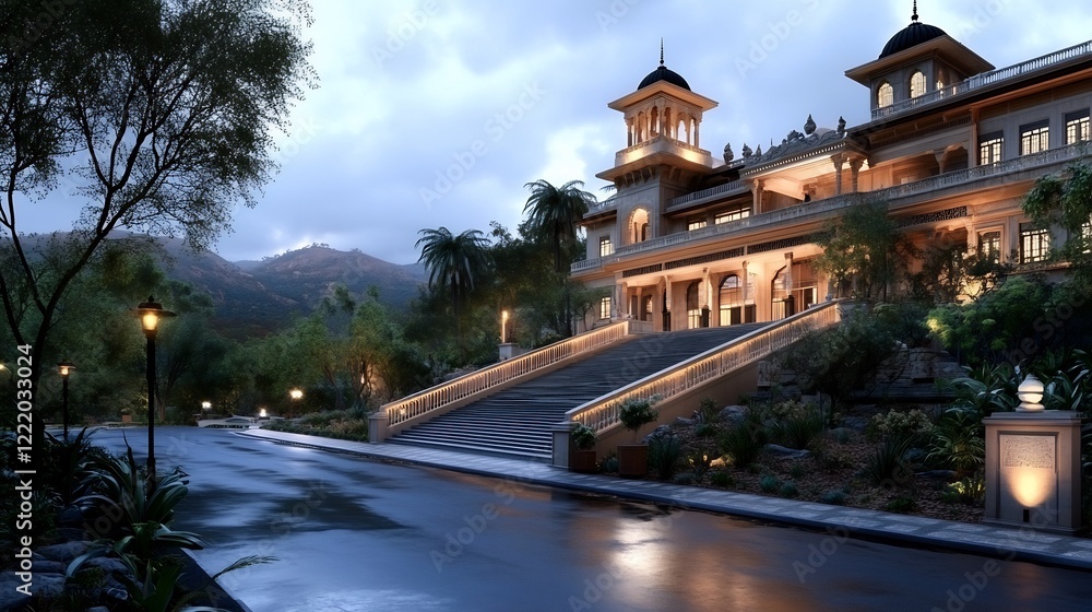 Obraz premium Majestic Palace at Dusk: A Serene Hillside Retreat