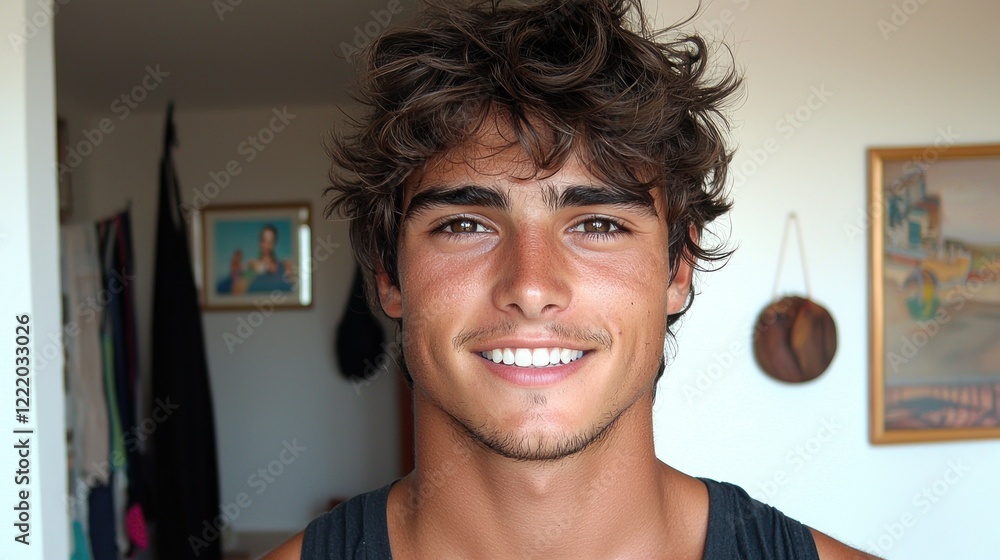 Portrait of a Handsome Young Man with Curly Brown Hair and a Bright Smile Portrait of a Handsome Young Man with Curly Brown Hair and a Bright Smile