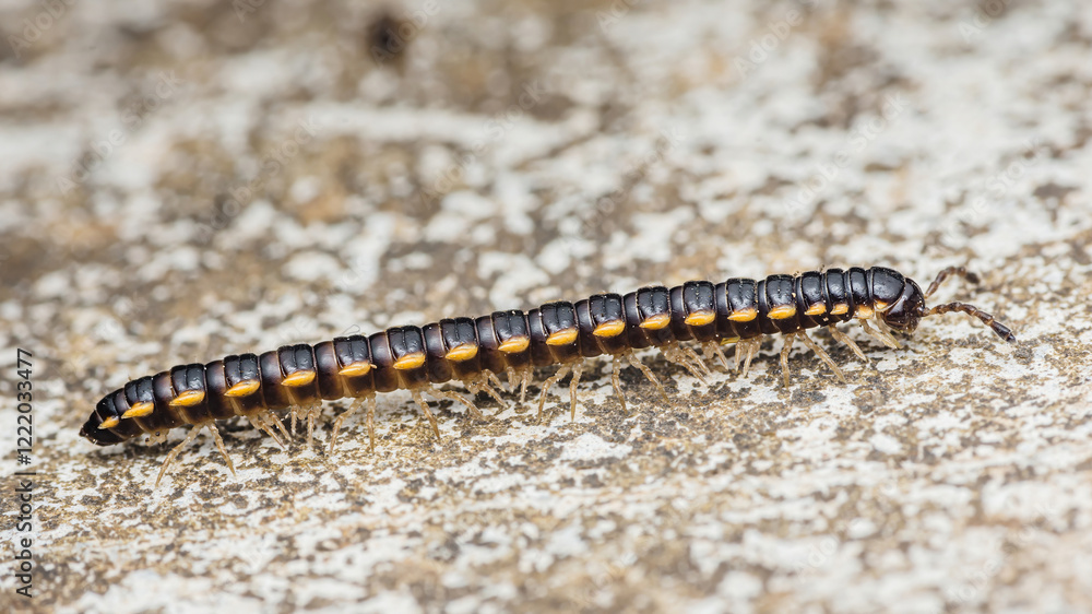 Yellow-spotted millipede crawling on concrete surface Yellow-spotted millipede crawling on concrete surface