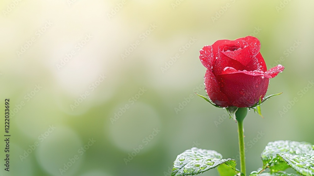 Obraz premium Red rose flower bud covered in fresh morning dew drops stands in a sunny garden with soft green bokeh background.