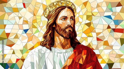 Stained glass mosaic of jesus christ with sacred heart and crown. Easter, Pascha, Paskha, Ostern, Pascua, Paques - Orthodox and Catholic Holiday celebration