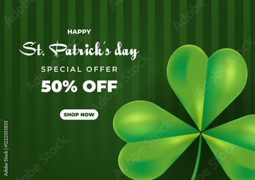 Sale banner, special offer template with green shamrock. Design of coupon, certificate, discount. Happy St. Patricks Day. Vector illustration for shopping, fashion