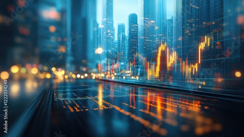 Digital stock market data visualization in futuristic cityscape. Easter, Pascha, Paskha, Ostern, Pascua, Paques - Orthodox and Catholic Holiday celebration