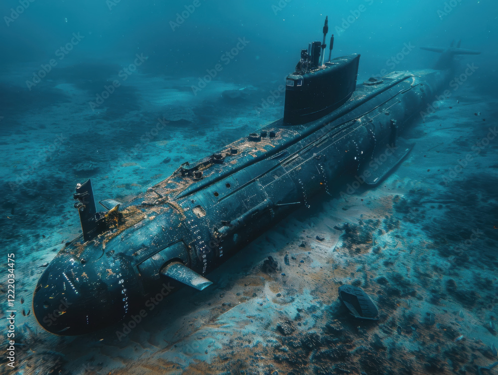 submarine submerged underwater with marine life and vegetation details submarine submerged underwater with marine life and vegetation details
