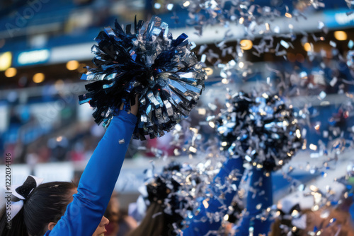 A cheerleading pom-pom jumping in the air, spreading sparkly confetti