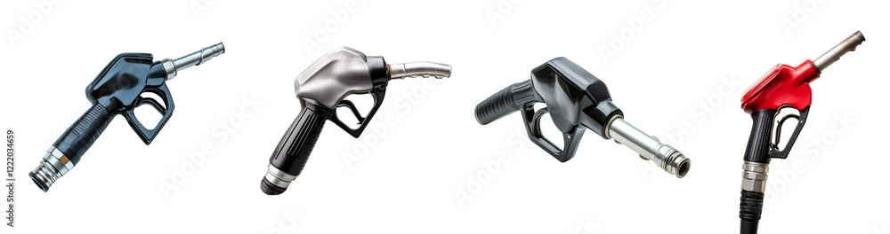 The image shows four different colored fuel nozzles isolated on a black background, showcasing variations in design and color. The image shows four different colored fuel nozzles isolated on a black background, showcasing variations in design and color.