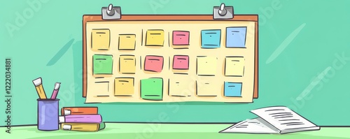 A colorful bulletin board with sticky notes, pens, and books on a desk, set against a bright turquoise background.