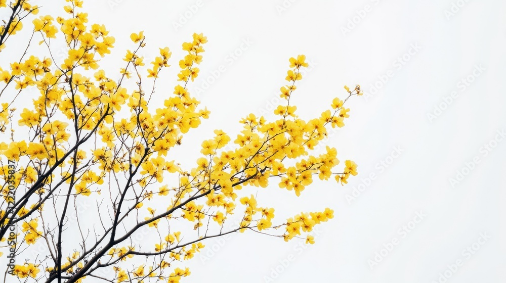 Bright Yellow Flowers Blossoming on a Branch Against a Soft White Background, Capturing the Beauty of Nature in Springtime and Evoking Feelings of Joy and Renewal Bright Yellow Flowers Blossoming on a Branch Against a Soft White Background, Capturing the Beauty of Nature in Springtime and Evoking Feelings of Joy and Renewal