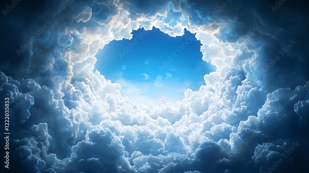 Naklejka premium Majestic Sky with Fluffy Clouds and Bright Blue Opening Above