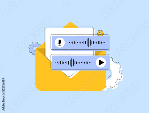 Voice message notification e-mail concept with yellow envelope, audio waveforms and gear symbols. Email communication, audio messages, voice notes, modern correspondence, digital e-mail notifications