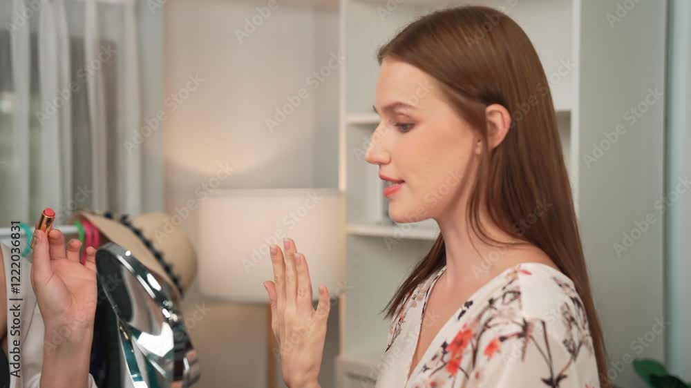 Two influencer partner shoot live streaming vlog video review makeup prim social media or blog. Happy young girl with cosmetics studio lighting for marketing recording session broadcasting online. Two influencer partner shoot live streaming vlog video review makeup prim social media or blog. Happy young girl with cosmetics studio lighting for marketing recording session broadcasting online.