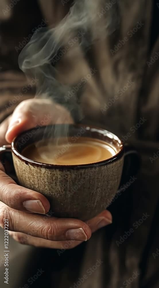 Warm cup of coffee held in hand, steam rising softly Warm cup of coffee held in hand, steam rising softly