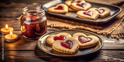 Heart-shaped cookies with jam filling, candles, and preserve jar on rustic wooden table
