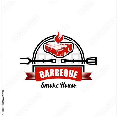 BBQ icon illustration, grill house and bar with grill, fire, fork and spatula for barbecue restaurant logo