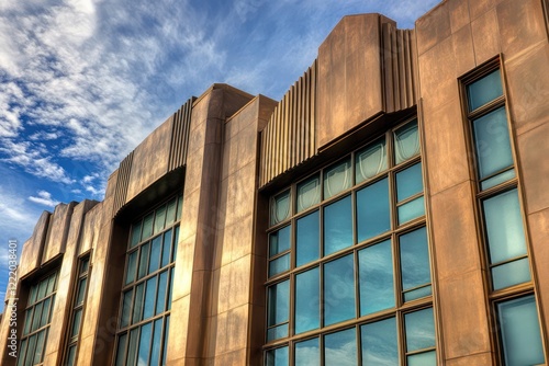 A streamlined art deco building with smooth surfaces, bronze detailing, and geometric window shapes