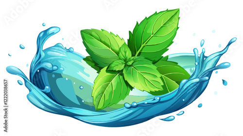 Fresh Mint Leaves Splashing in Crystal Clear Water with Vibrant Green Detail