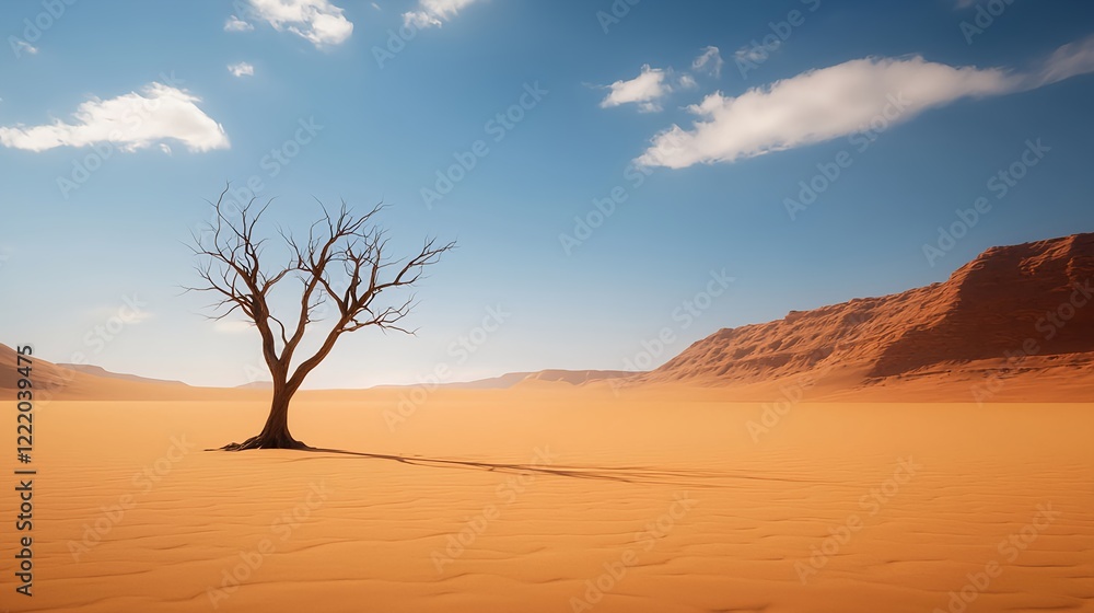 Fototapeta premium Solitary Tree in Expansive Desert Landscape Under Clear Blue Sky