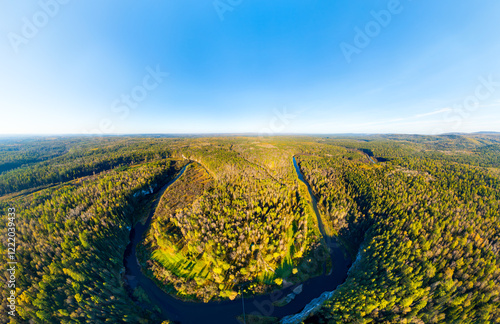 Bazhukovo, Russia. Rock Karstov Bridge. River Serga. Autumn landscape. Deer streams. Nature park in a wooded area, famous for its rich flora. Aerial view photo