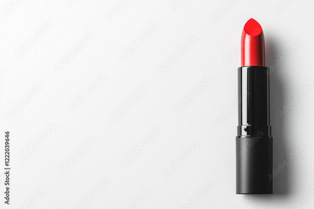 Obraz premium Red lipstick in a black tube, white background, empty space for text.