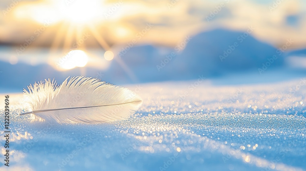 Winter's Gentle Whisper: A single, delicate feather rests on a pristine snowdrift, bathed in the warm, golden light of the setting sun, creating a serene and peaceful winter scene. Winter's Gentle Whisper: A single, delicate feather rests on a pristine snowdrift, bathed in the warm, golden light of the setting sun, creating a serene and peaceful winter scene.