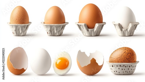 Egg-cellent Variety:  A delightful assortment of fresh eggs, showcasing a range of colors and textures, from whole brown eggs to cracked and boiled, presented in elegant, minimalist egg cups.   photo