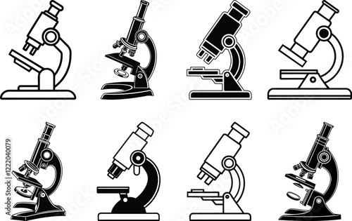 Modern Microscope set silhouette vector illustration, Microscope line art vector, Microscope isolated vector icon design